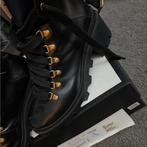 Gucci Black Leather Lug-Sole Ankle Boots with Gold-Tone D-Ring Eyelets
